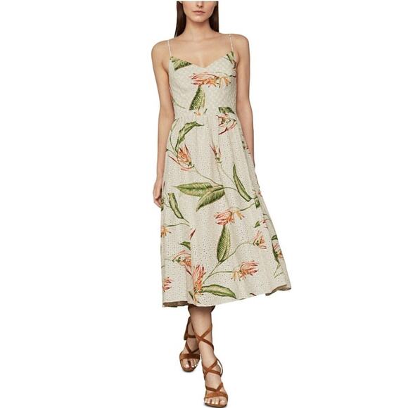 BCBGMAXAZRIA Women's Embroidered Sleeveless Midi Casual Dress Natural Floral 12 - Picture 1 of 4